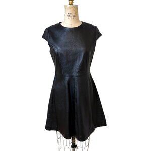 Neiman Marcus Exclusive Cocktail Length Black Leather Dress Short Sleeves Wm Med